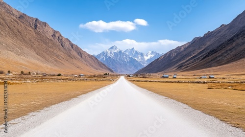 Mountain Road Village Scene, Dramatic Peaks, Vivid High-Resolution, Wide Angle View, Textured Landscape, Journey Concept, Himalayan Backdrop, Bright Sunny Mood, Ideal for Travel Brochures