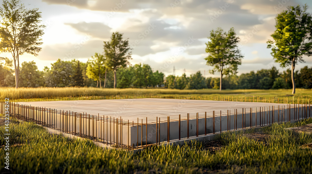 A fresh concrete slab for an upcoming building, embedded with steel rebars and timber planks, lies on an open field, ready for the construction phase to begin. Phase Pillar. Illustration A fresh concrete slab for an upcoming building, embedded with steel rebars and timber planks, lies on an open field, ready for the construction phase to begin. Phase Pillar. Illustration