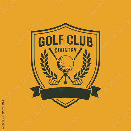 Vintage Style Golf Club Country Emblem Logo with Ball, Clubs, and Laurel Wreaths