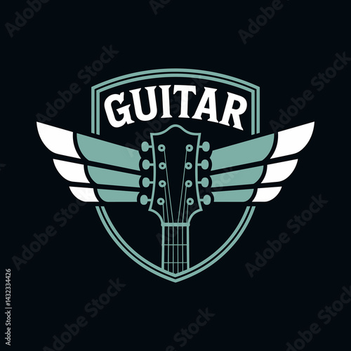 Flying Guitar Headstock Music Shield Emblem for Rock and Roll or Vintage Themes
