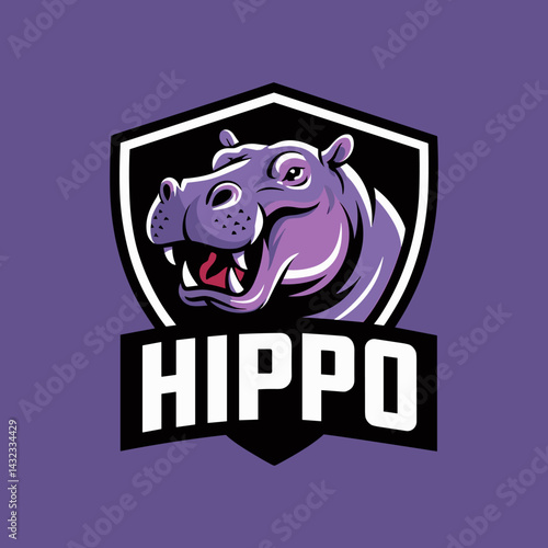 Aggressive Purple Hippo Head Mascot Shield Emblem with Text for Sport or Gaming