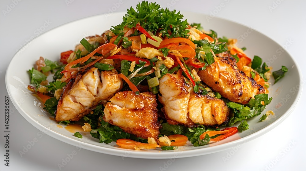 Delicious grilled fish fillet salad with peanuts carrots and fresh herbs served on a white plate for a healthy meal. Delicious grilled fish fillet salad with peanuts carrots and fresh herbs served on a white plate for a healthy meal.