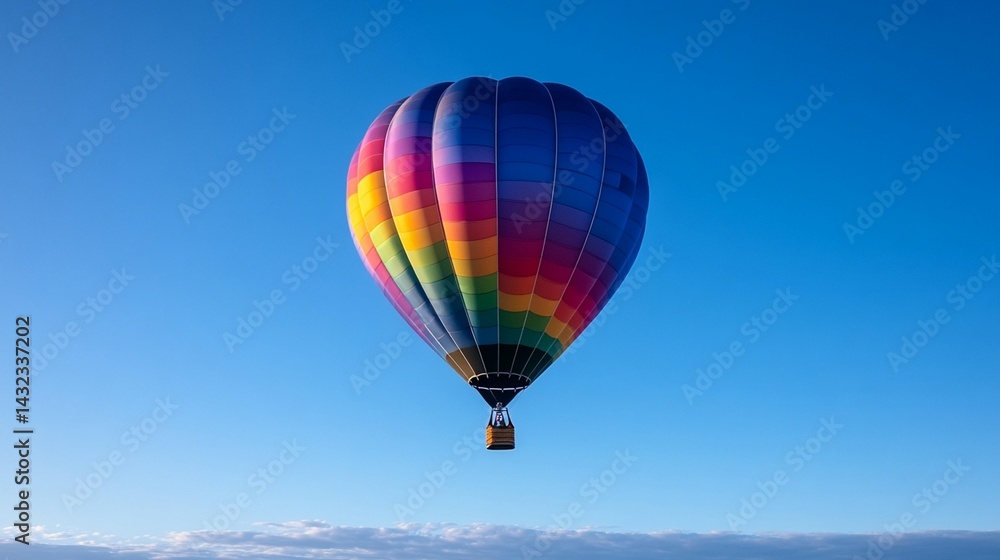 Colorful hot air balloon ascending clear blue sky scenic aerial adventure Colorful hot air balloon ascending clear blue sky scenic aerial adventure