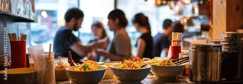 Busy noodle bar with steaming bowls