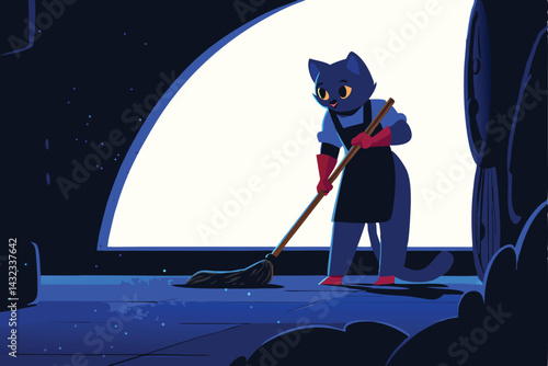 A cartoon cat, wearing a bold striped apron, enthusiastically sweeps a floor, showcasing a cheerful, domestic scene.