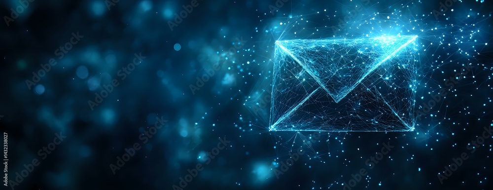 Digital glowing envelope made of connected dots and lines on dark background with blue particles, representing electronic mail communication. Digital glowing envelope made of connected dots and lines on dark background with blue particles, representing electronic mail communication.
