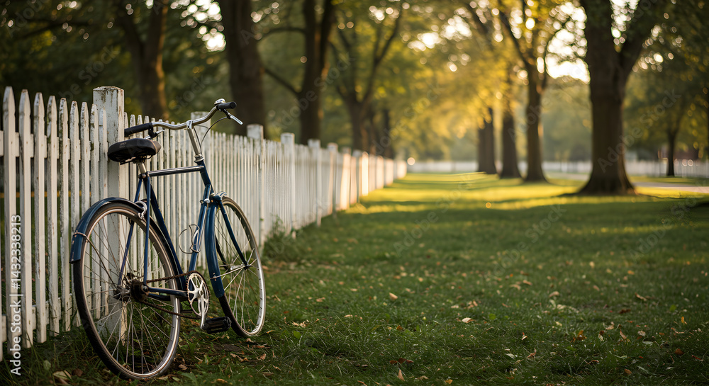 Fototapeta premium Tranquil Bicycle Scene At White Picket Fence In Golden Afternoon Light
