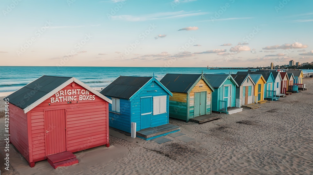 Brighton Bathing Boxes On A Sandy Beach Coastal Scene Brighton Bathing Boxes On A Sandy Beach Coastal Scene