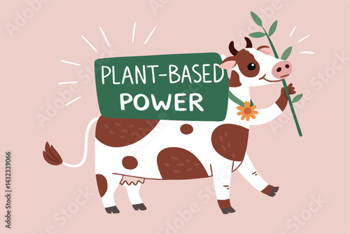 A cartoon cow, holding a sign reading "Plant-Based Power", participates in a peaceful protest advocating for veganism and environmental sustainability.