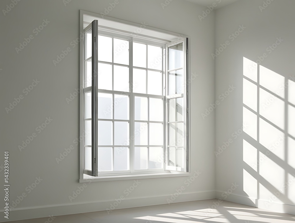 Fototapeta premium Bright, Minimalistic Room with White Window Framing a Green View. Soft Sunlight Creates Shadows on the Floor, Inviting Calmness and Simplicity into the Space.
