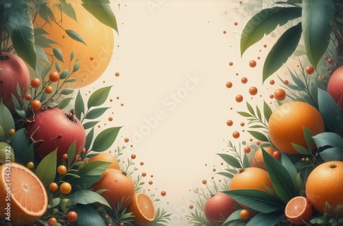 Lush digital painting of vibrant citrus fruits and berries nestled amongst verdant leaves, creating a vibrant, bountiful, and slightly surreal scene. The central area is left open, suggesting a blank
