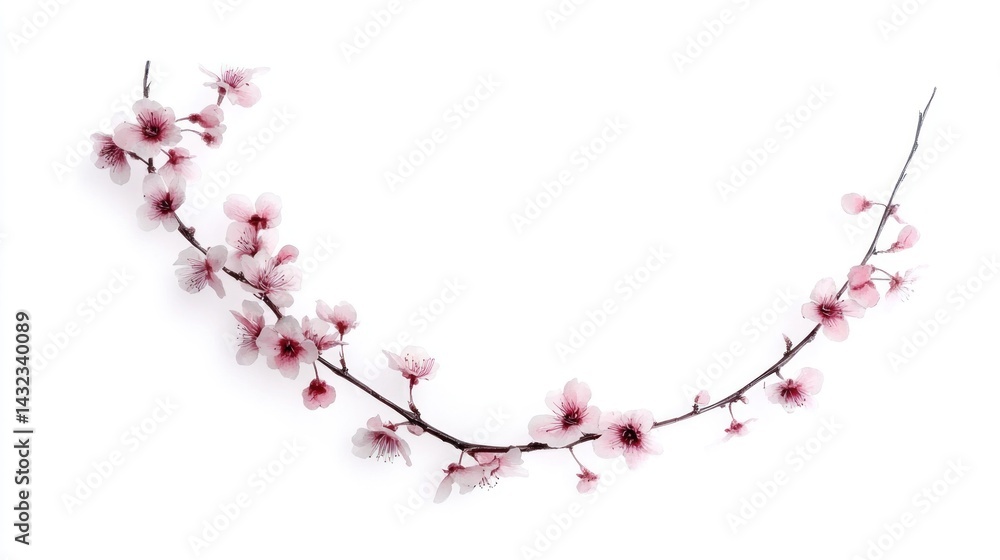 Fototapeta premium Delicate cherry blossom branch gracefully arches against a white background.