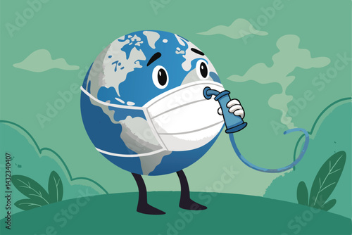A distressed cartoon Earth character uses an inhaler to combat toxic air pollution, showcasing environmental damage.