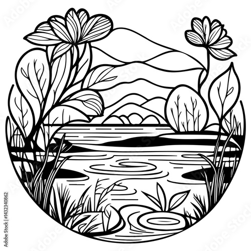 Serene lake scene encapsulated in a circle of flora and distant mountains