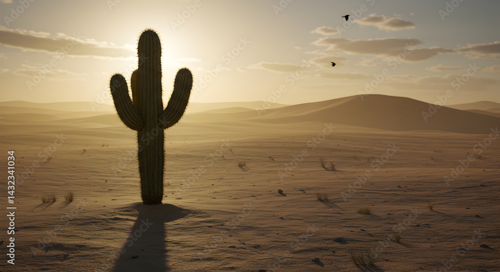 Fototapeta premium Dramatic Desert Scene Featuring Saguaro Cactus Against Golden Sunlight