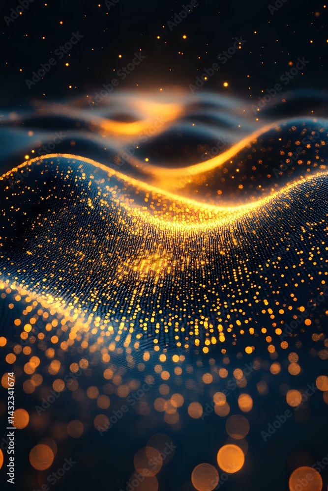 Abstract glowing golden particles forming dynamic waves against dark background, with floating light dots creating magical atmosphere for technology designs. Abstract glowing golden particles forming dynamic waves against dark background, with floating light dots creating magical atmosphere for technology designs.