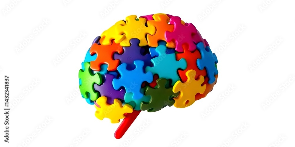 symbolizing the complexities of memory and cognitive function, neurology, Colorful puzzle pieces forming the shape of a human brain