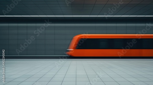 A dynamic view of a sleek orange train passing through a modern subway station with minimalist design elements and a clean tiled floor.