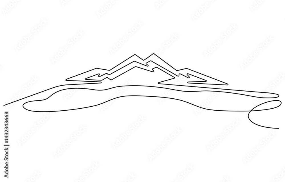 One continuous line drawing of mountain range landscape. Web banner with mounts in simple linear style. Adventure winter sports concept isolated on white background. Doodle vector illustration