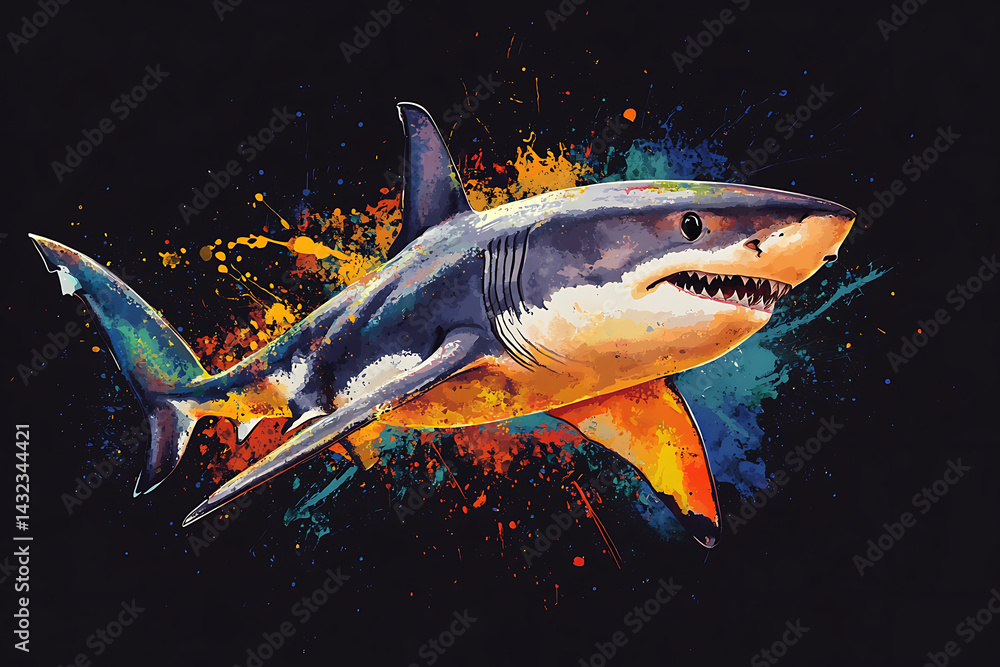 Obraz premium Vivid illustration of a shark swimming through colorful splashes of paint in an abstract style