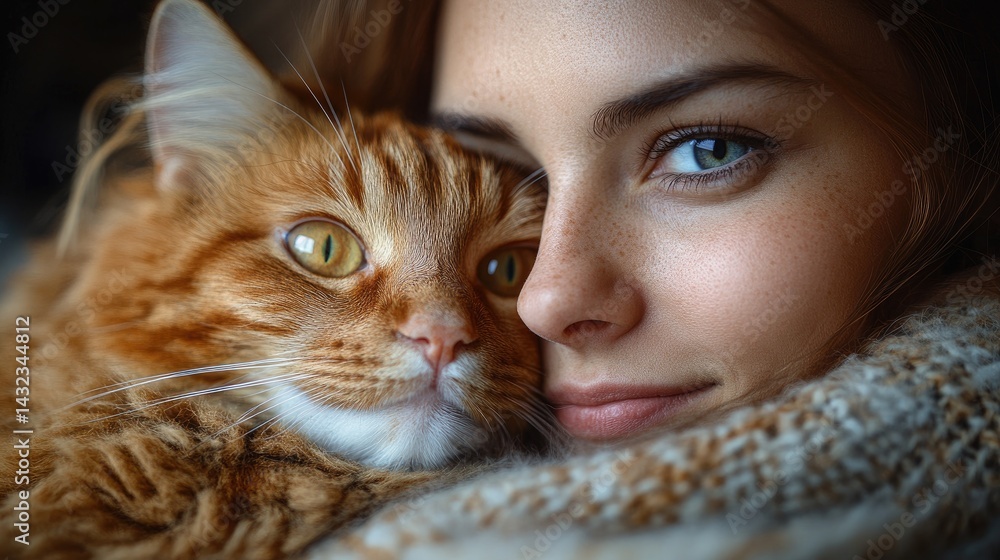 Close-up of a woman and a ginger cat. Woman's face and eyes, and ginger cat's face are visible. Both seem relaxed and comfortable Close-up of a woman and a ginger cat. Woman's face and eyes, and ginger cat's face are visible. Both seem relaxed and comfortable