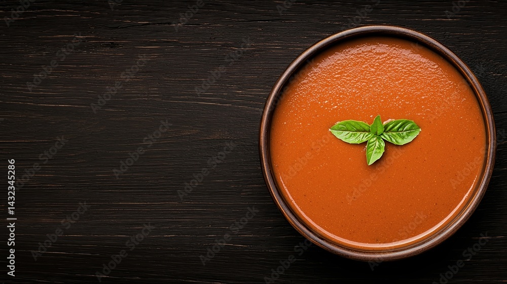 A bowl of rich, vibrant tomato soup garnished with fresh basil leaves on a dark wooden surface. A bowl of rich, vibrant tomato soup garnished with fresh basil leaves on a dark wooden surface.