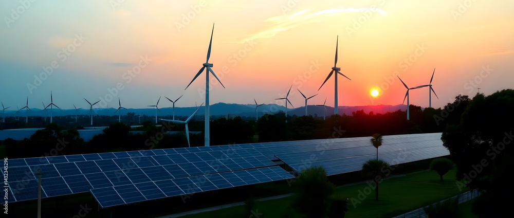 Solar panels park and wind turbines at sunset. Green energy reduce carbon emissions and makes earth cleaner ecological.Windmill turbines generating green energy electric.solar panel, wind farm