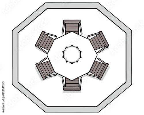 Hexagonal Gazebo Plan with Table and Six Chairs Layout