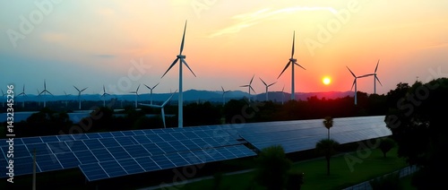 Obraz na płótnie Solar panels park and wind turbines at sunset. Green energy reduce carbon emissions and makes earth cleaner ecological.Windmill turbines generating green energy electric.solar panel, wind farm w salonie