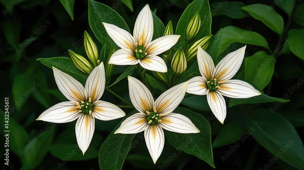 Fototapeta premium Close-up of four white flowers with light beige stripes, surrounded by dark green foliage