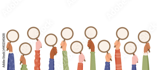 Cartoon hands hold empty signs. Diverse customer arms raise blank posters, reflecting review feedback and survey opinion. Creative gesture template for comment or message, modern poster style for