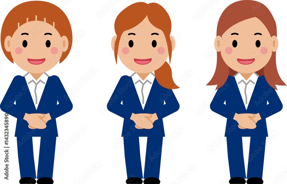 手を前で重ね、笑顔の紺色スーツの若い女性。その2 手を前で重ね、笑顔の紺色スーツの若い女性。その2