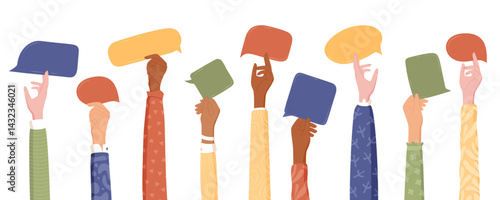 Flat image of volunteer hands holding colorful speech bubbles. Diverse and multicultural community displays solid support and human connection. Solidarity concept for charity aid projects.