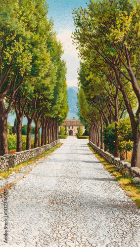A stony path is lined with trees leading to a villa at the end of the road. The road is lined with large stones. Image printed on a vintage postcard.