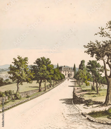 A stony path is lined with trees leading to a villa at the end of the road. The road is lined with large stones. Image printed on a vintage postcard.