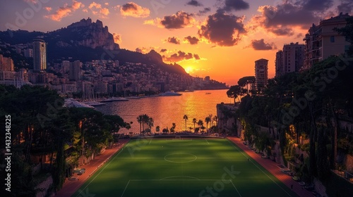 Coastal city sunset over football field