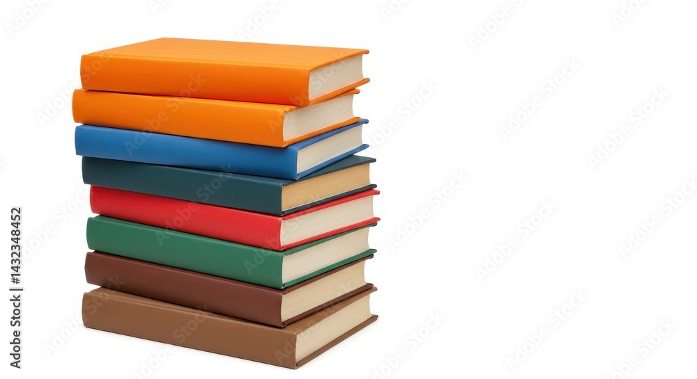 A stack of colorful hardcover books piled on top of each other against a white background space A stack of colorful hardcover books piled on top of each other against a white background space