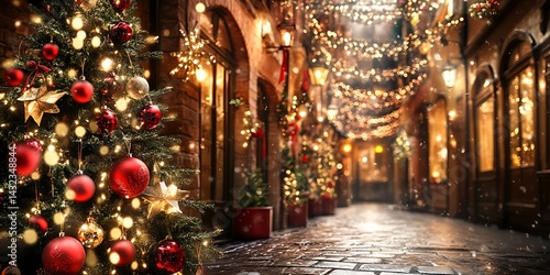 Decorated Christmas tree on an old European street with lights illuminating the buildings, for holiday content