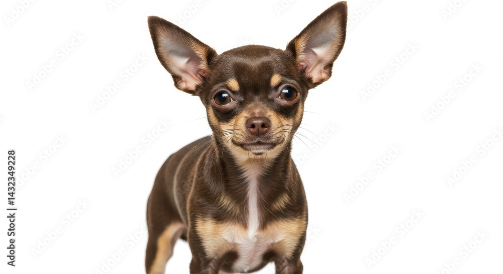 Close up of a brown and tan chihuahua dog standing on a white background looking at the camera Close up of a brown and tan chihuahua dog standing on a white background looking at the camera