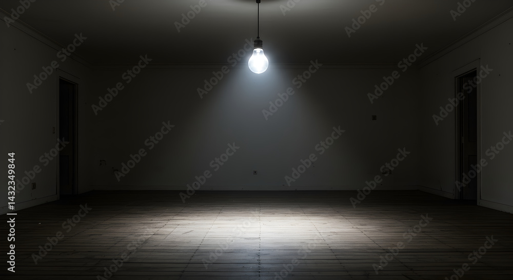 Lonely Lightbulb Illuminating An Empty Dark Room With Wooden Floor Lonely Lightbulb Illuminating An Empty Dark Room With Wooden Floor