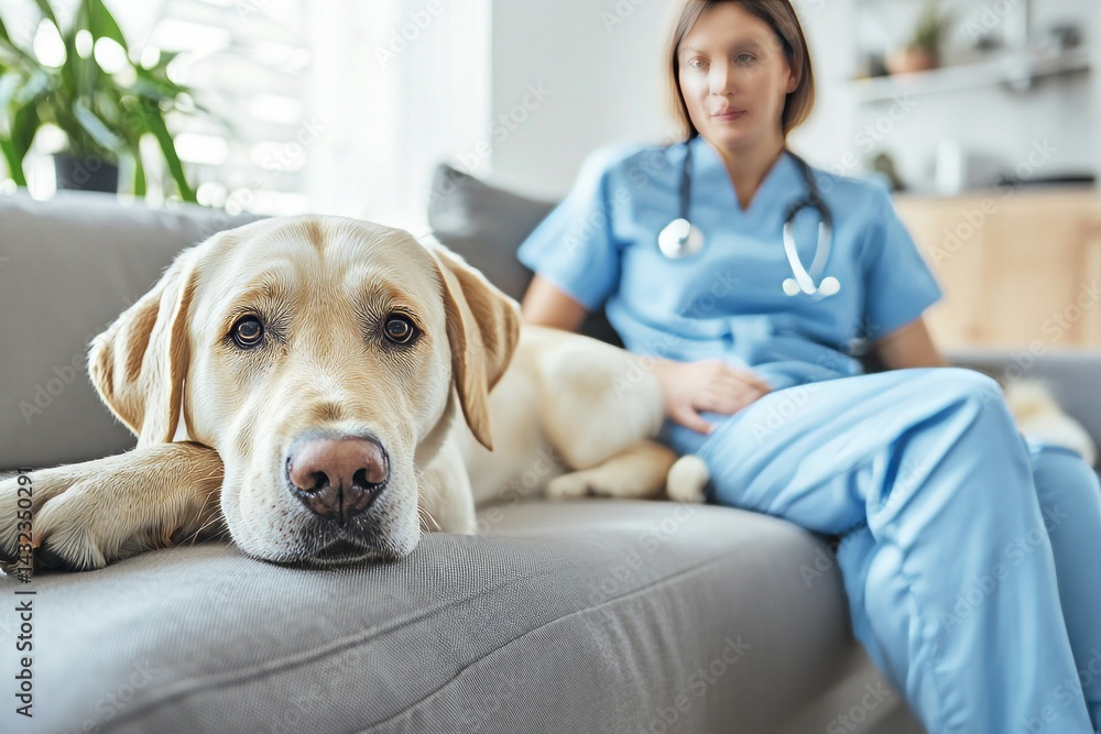 A calm home with a pet dog resting near the couch. A nurse gives the patient advice on managing their health.