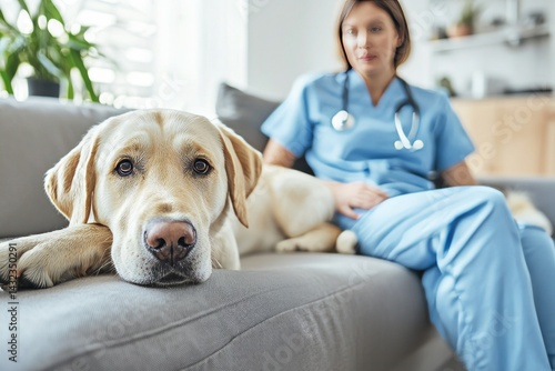 Obraz na płótnie A calm home with a pet dog resting near the couch. A nurse gives the patient advice on managing their health. w salonie
