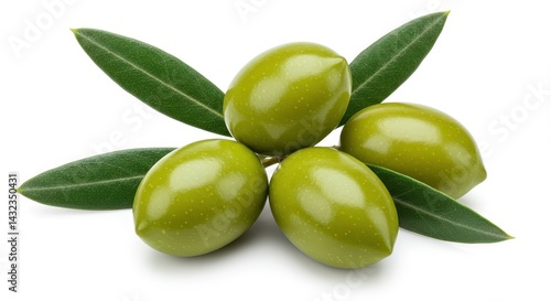 Wallpaper Mural A close up shot of four green olives with leaves on a white background in a studio setting image Torontodigital.ca