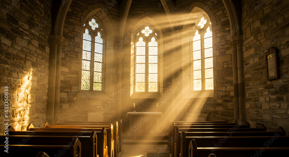 Fototapeta premium Radiant Light Streams Through Arched Windows In Tranquil Church Interior