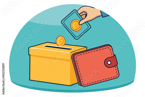 A cheerful cartoon wallet happily emptying its overflowing coins into a donation box;  bright, colorful, whimsical style.