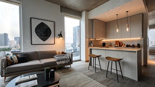 Wallpaper Mural Modern apartment with city view, open kitchen, and minimalist decor Torontodigital.ca