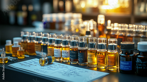 indie perfume blending station with essential oils and glass vials,