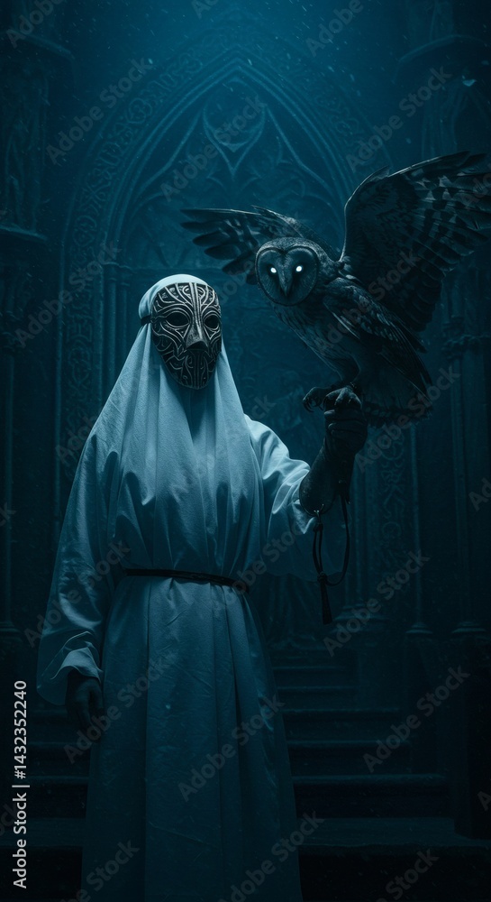 person in a white cloath with a weird mask holding a sinister owl person in a white cloath with a weird mask holding a sinister owl