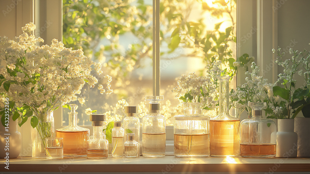 indie perfume distillation setup with glassware and plant material, indie perfume distillation setup with glassware and plant material,