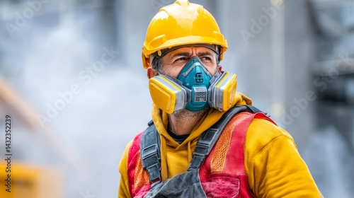 Construction Worker in Safety Gear with Mask and Helmet at Site